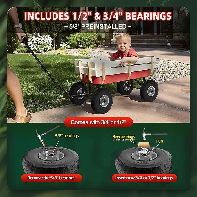 4.10/3.50-4 Tire and Wheel Flat Free,10-Inch Solid Wheel Replacement with 5/8 Extra 3/4 &1/2 Bearings,2.2" Offset Hub -Compatible with Hand Truck,Wheelbarrow,Dolly(Wave,Gray)