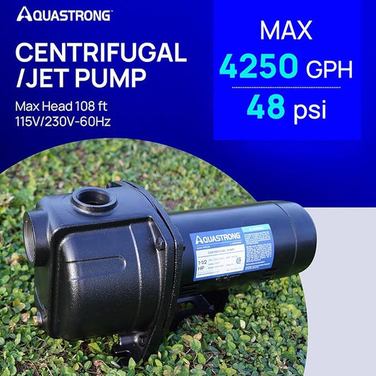 AQUASTRONG 1.5 HP Shallow Well Jet/Centrifugal Pump, 4250 GPH, 115/230V, Durable Cast Iron Booster Pump for Lawn Sprinkler, Garden Irrigation