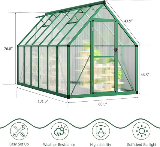 6x11 FT Outdoor Greenhouse, Polycarbonate Greenhouse with Roof Vent and Ground Nails, Aluminum Large Walk-in Green House w/ Lockable Push Door for Outside Garden Backyard (Green, 6x11 FT)