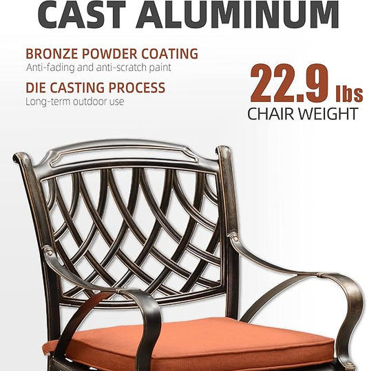 PURPLE LEAF Patio Dining Set Cast Aluminum 7-Piece Patio Furniture Set with 6 Dining Armchairs and 47" Round Table, 6 Cushions Included, for Lawn Yard Garden, Rhombic Brick Red Outdoor Dining Set
