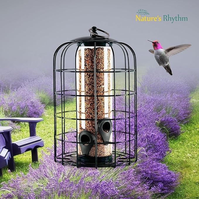 Nature's Rhythm Outdoor Hanging Bird Feeder Cage PC Tube Squirrel Proof Wild Bird Feeder with Large Metal Seed Guard Deterrent