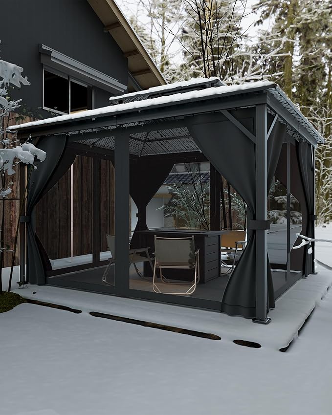 10x12 Ft Hardtop Gazebos with Heavy Duty Double Roof, Nettings and Curtains Galvanized Steel Outdoor Gazebos for Patio, Backyard, Deck, Lawn (Grey)