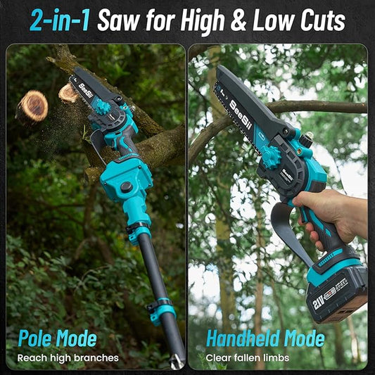 SEESII PS810 2-IN-1 Cordless Pole Saw & Mini Chainsaw, 8-inch Electric Saws Brushless with 2 x 4.0Ah Batteries, 16-Foot MAX, Chain Saw with Extension Pole for Wood Cutting Trimming Branch