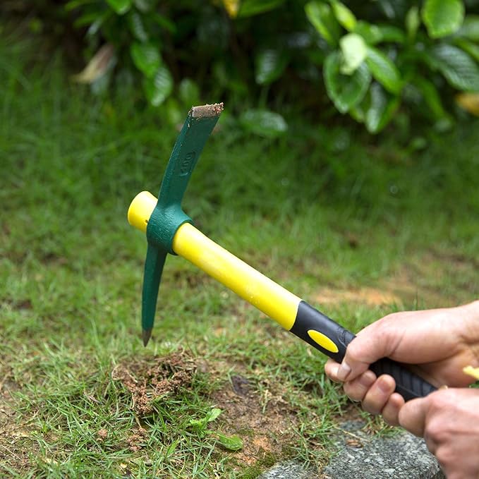 2 Packs 15 Inch Pick Mattock Hoe, KINJOEK 1.5Lbs Forged Weeding Garden Pick Axe with Fiberglass Handle for Digging Loosening Soil, Gardening, Camping or Prospecting