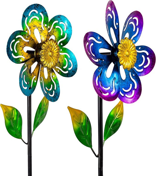 Viveta 2 Pack Wind Spinners,Flower Garden Sculpture, Metal Windmill, Green and Purple Pinwheels for Yard Lawn Patio Decor
