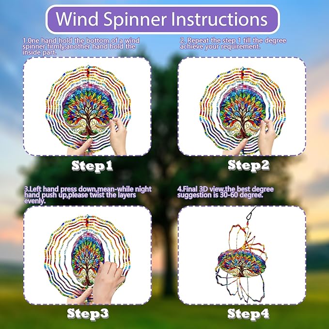Tree of Life Wind Spinner 3D Stainless Steel Hanging Wind Spinners 10 Inch Stained Glass Style Multi-Color Kinetic Decor for Indoor and Outdoor Spaces Christmas