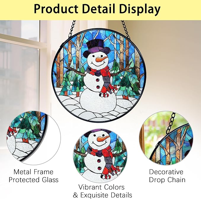TNUW Snowman Christmas Stained Glass Window Hanging, Rustic Winter Xmas Snowman Sun Catchers Indoor Window Glass Round Wall Art Decor, Christmas Sculptures, Statues, Suncatchers, 7.9"x7.9"