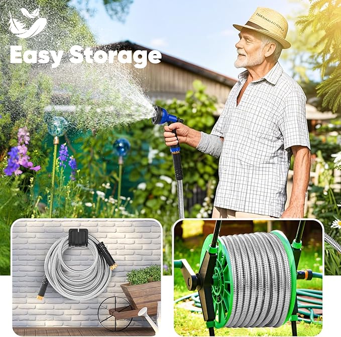 Garden Hose 100 ft, Stainless Steel Metal Water Hose with Adjustable 10-Mode Spray Nozzle, Lightweight Hose, No Kink, Leak-proof, Puncture Resistant for Yard, Outhood, RV