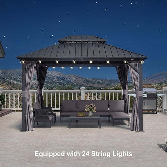 PURPLE LEAF 10'x12' Hardtop Gazebo with Lights UV-Protected Aluminum Double Roof Galvanized Steel Frame Outdoor Patio Gazebo Including Netting and Curtains for Deck Garden Backyard Grey