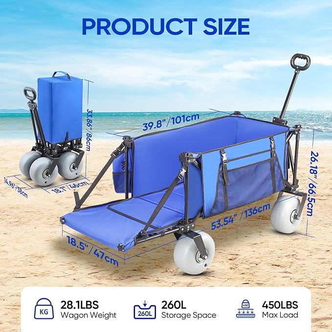 Beach Wagon with Big Wheels for Sand, 9" All-Terrain Balloon Wheels, Heavy Duty Folding Beach Cart 450lb Load, 260L Large Capacity Utility Wagon for Outdoor Sports (Dark Blue)