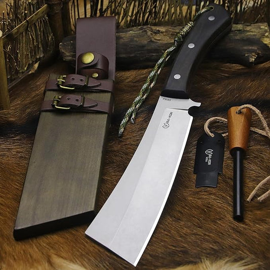 BA-KOR (Pioneer ) (14.6") DC53 steel 6mm thickened full Tang fixed knife+ Wooden sheath &(5.9IN) Cerium Igniter, suitable for outdoor hunting, cutting, chopping, camping, obstacle removal, exploration, fishing, EDC, BBQ (Sanding finish version)