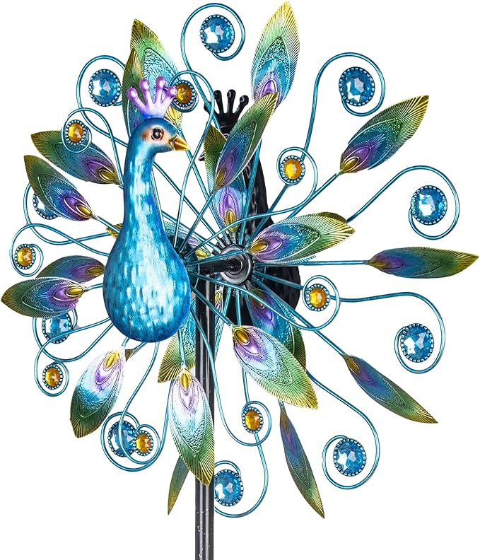 Stargarden 58 Inch Peacock Wind Spinner-Double Wind Sculpture Metal Windmill for Garden Patio Yard Decor