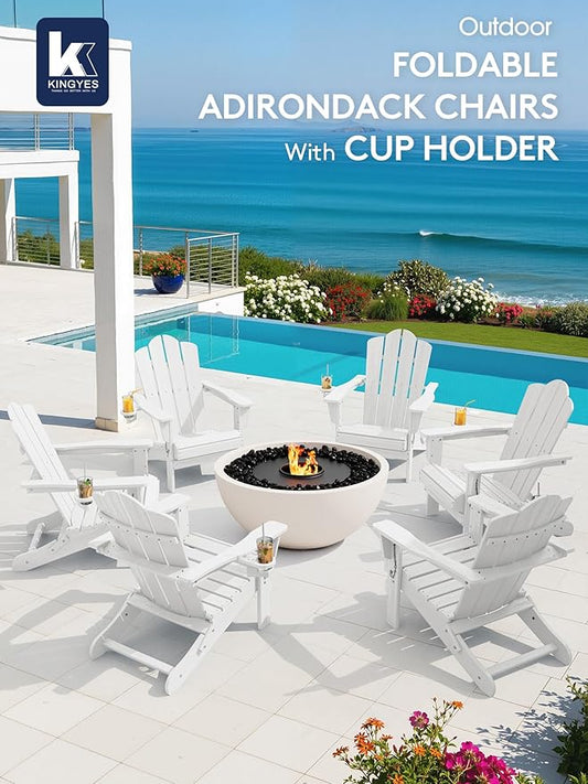 KINGYES Folding Adirondack Chair Set of 8, HDPE All-Weather Patio Chairs with Cup Holder, Wooden Textured Fire Pit Chairs for Poolside, Backyard, Deck, White
