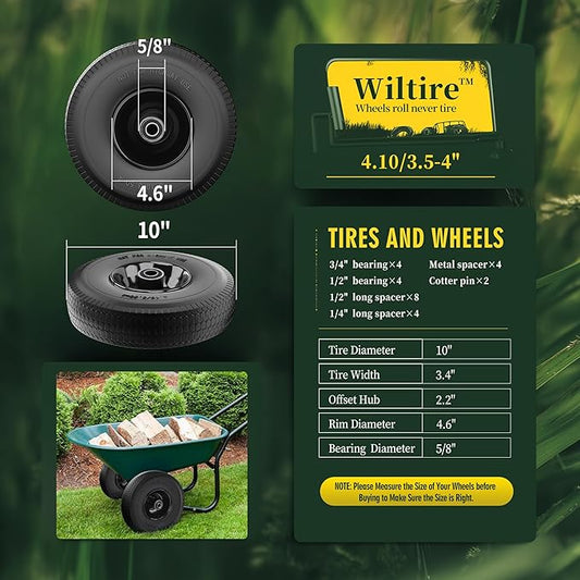 (2 Pack) 4.10/3.50-4 Flat Free Tire and Wheel 10-Inch Solid Wheel Replacement with 5/8 Extra 3/4 &1/2 Bearings,2.2" Offset Hub -Compatible with Hand Truck,Wheelbarrow(Wave,Black)
