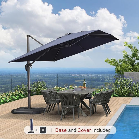 PURPLE LEAF 9'×11.5' Cantilever Patio Umbrella with Base Rectangle Offset Outdoor Umbrella Cover with Zipper for Garden Deck Pool Navy Blue