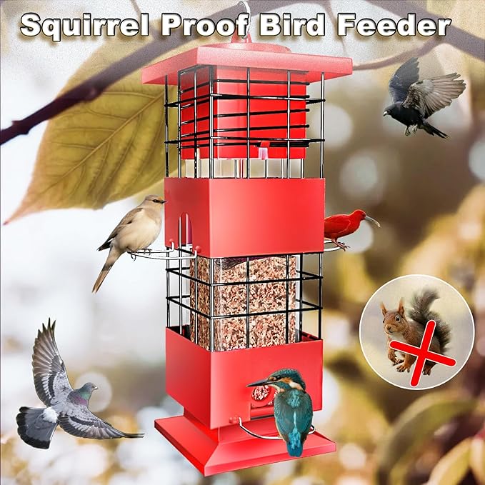 Squirrel Proof Bird Feeders for Outdoors Hanging, Metal Tube Bird Feeder w/4 Feeding Ports, Gravity Protection Wild Bird Feeders for Outside Backyard, Cardinal, Sparrow, Finch (3.5LB, Red)