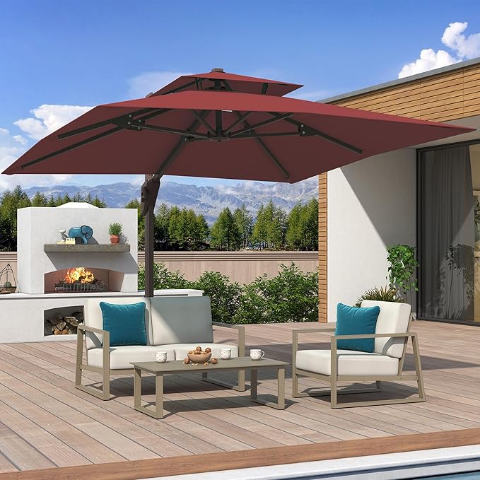 10x10 FT Cantilever Patio Umbrella with Base Included Double Top Outdoor Square Large Heavy Duty Aluminum Offset Umbrellas with 7 Level Tilt 360-degree Rotation for Pool Garden Deck,Wine Red