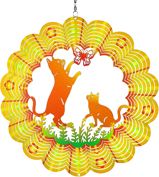 Cat Wind Spinners Cat Gifts for Women/Men 12 inch 3D Stainless Steel Hanging Wind Spinner Metal Wind Catchers Kinetic Sculpture for Indoor/Outdoor Decor, Yard Art, Garden Decorations