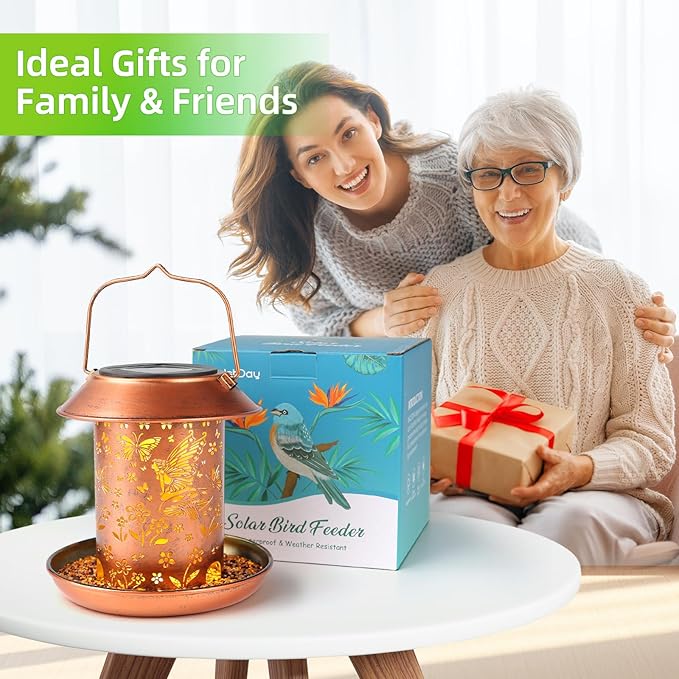 Solar Bird Feeders for Outdoors Hanging Metal Waterproof Outdoor Butterfly Lantern Bird Feeder Weather Resistant Gifts for Women Friends Lovers, Patio, Deck, Garden Christmas Decor