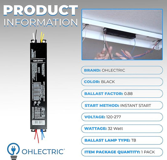 OHLECTRIC Replacement for Sylvania Ballast QTP4X32T8/UNV ISN-SC, Philips ICN-4P32-N, Keystone KTEB-432-UV-IS-N-P, for 4 Fluorescent T8 Lamps - 120-277V - 32 Watt