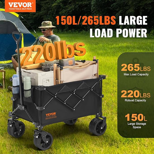 VEVOR 350LBS Collapsible Folding Outdoor Utility Wagon, 150L Heavy Duty Foldable Wagon Cart for Grocery Camping, Portable Utility Beach Wagon with Big Wheels for Garden Sports 35 x 21.3 x 42.5 in