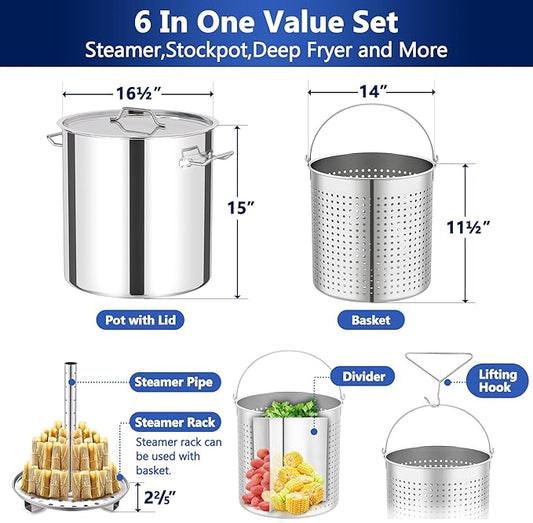 ARC 52QT Stainless Steel Turkey Fryer Pot and Burner Kit, Propane Burners, Tamale Steamer Pot with Basket, Steamer Rack, for Outdoor Cooking, Seafood Boil, Crawfish Boil, Home Brewing