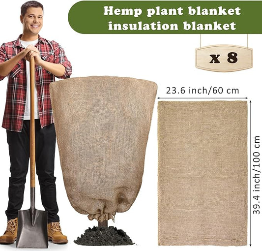8 Packs Winter Burlap Plant Covers Bags 23.6 x 39.4 Inch Large Burlap Sack Plant Blanket with Drawstring Reusable Warm Plant Frost Cloth Cold Freeze Blanket for Outdoor Fruit Tree Potted Plants