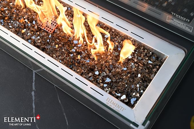 Elementi+ | Valencia Gas Fire Pit | Cast Concrete Body & Marble Porcelain Top | 62" Rectangular Fire Table | Electronic Ignition | Canvas Cover, Fire Glass & Burner Lid Included | Black | Propane Gas