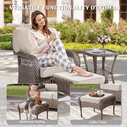 6 Pieces Patio Furniture Set Outdoor Sectional Sofa Couch with Rocking Swivel Chairs 5" Deep Seat Chairs, Modern Wicker Rattan Conversation Set, Beige/Brown Wicker