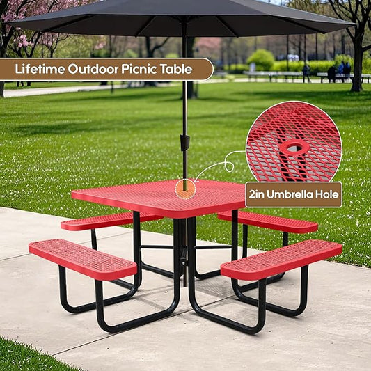 8-Person Picnic Tables for Outdoors, Industrial 46" Expanded Metal Square Picnic Table with 4 Benches & Umbrella Hole, Outside Table and Bench Set for Garden, Backyard, Porch, Patio, Red