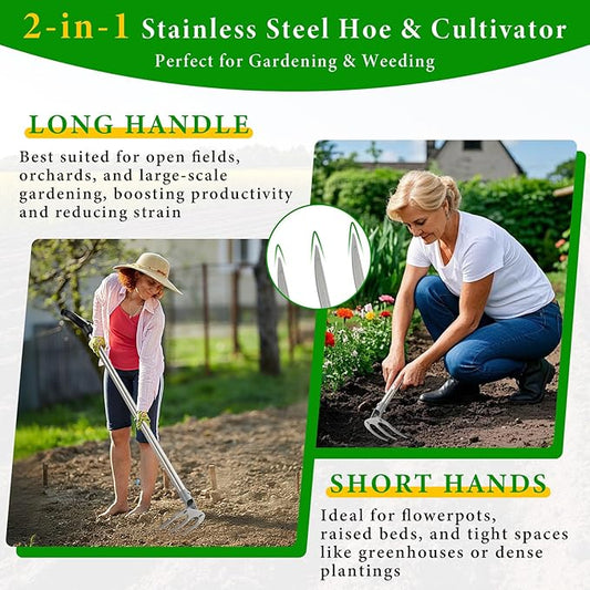 Garden Hand Cultivator Rake: 50inch Long Handle Hoe Garden Tool with Ergonomic D Grip, Heavy Duty Iron 3-Tine Tiller Rakes for Gardening,Cultivating, Planting, Digging, Weeding