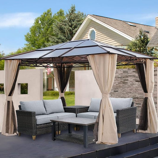 Grand patio 10x12 Gazebo, Hardtop Gazebo, Single Roof Pergolas Metal Aluminum Frame UV 50+ Outdoor Canopy with Mosquito Netting and Curtains, Outdoor Shelter for Garden, Lawn, Backyard