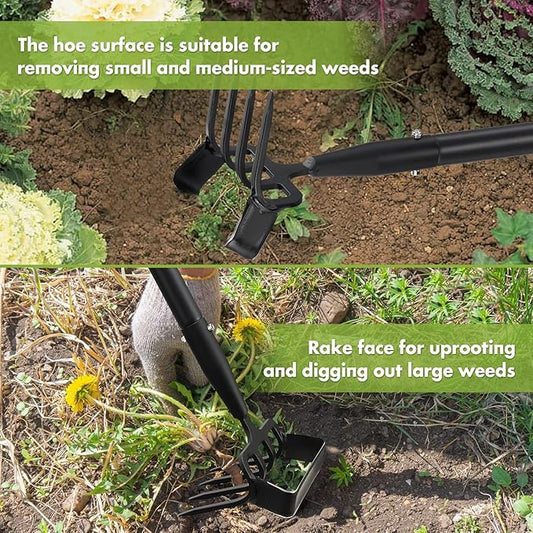 Weed Puller Gardening Tools, Hula Garden Hoe and 4 Tines Rake 2-in-1 Garden Tools for Weeding, Action Stirrup Hoe with Adjustable Long Handle for Lawn,Vegetable Garden Loose Soil,Weeding and Planting
