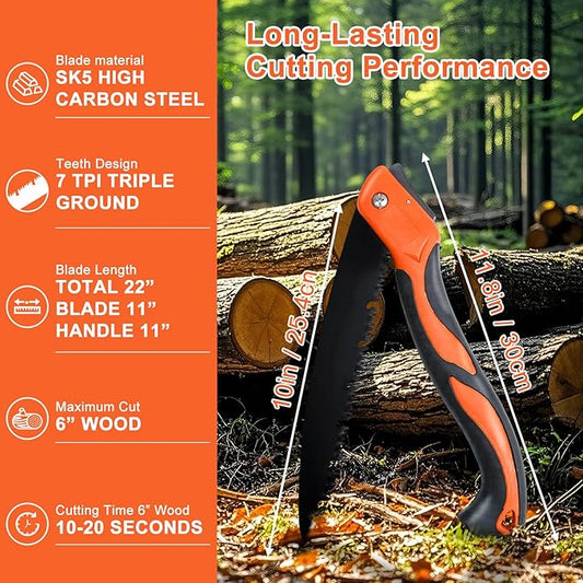 10 Inch Heavy Duty Folding Pruning Saw, SK5 Curved Blade with Triple-Cut Razor Teeth, Hand Saw for Tree Cutting, Camping, Gardening, Hiking, Landscaping & Branch Trimming