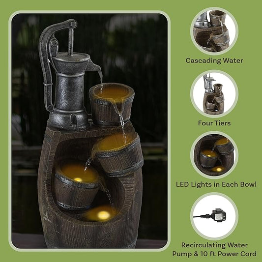 Pure Garden Water Fountain Outdoor Waterfall with Pump and LED Lights - Old Fashioned Rustic Barrel 4-Tier Indoor or Outdoor Fountain - Patio, Deck, Balcony or Backyard Water Fountains with Lights