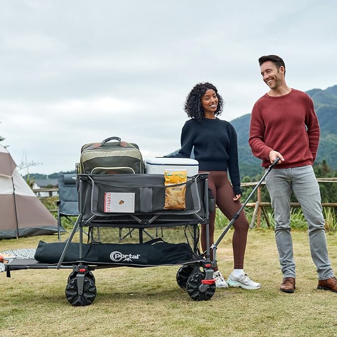 Portal Collapsible Large Double Decker Wagon with Brakes, 660lb Foldable Heavy Duty Utility Wagon Cart, 400L All-Terrain Big Wheels & 54" Extra Long Extender for Sports, Camping & Outdoor Use