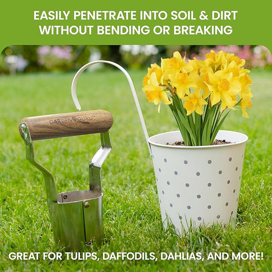Garden Guru Eco Bulb Planter - 100% Recycled Stainless Steel - Rust Resistant - FSC Certified Wood Ergonomic Handle - Depth Marker for Consistent Planting Flowers Tulips, Daffodils, Dahlias(2Pack)