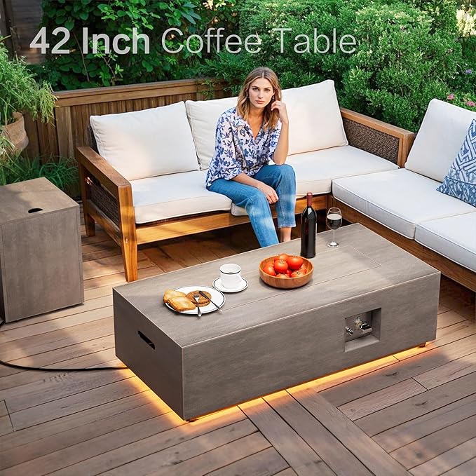 42" Outdoor Fire Pit Table, 50,000 BTU Gas Fire Pit with Glass Wind Guard, Fire Stones, Waterproof Cover, Propane Fire Pit Table for Outside Patio (Warm Light, Brown)