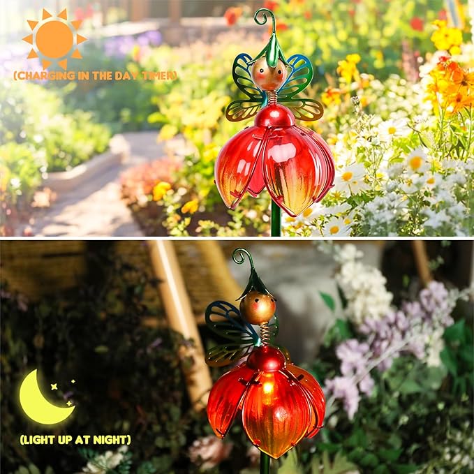 VCUTEKA Solar Garden Lights Metal Flower Decor Colorful Fairy Flowers Solar Pathway Light with LED Cracked Crystal Ball Outdoor Decorative Stake for Patio Yard Lawn