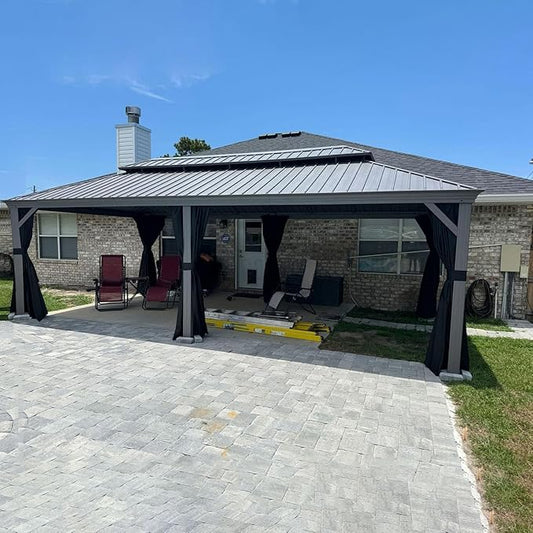 PURPLE LEAF 12' x 24' Patio Hardtop Gazebo Metal Roof Heavy Duty Wind Resistance Outdoor Permanent Large Pavilion Gazebo for Patio Deck and Garden, Netting and Curtains Included, Light Grey