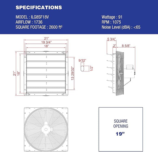 iLiving - 18" Wall Mounted Exhaust Fan - Automatic Shutter - Variable Speed - Vent Fan For Home Attic, Shed, or Garage Ventilation, 1736 CFM, 2600 SQF Coverage Area (Power Cord Not Included)