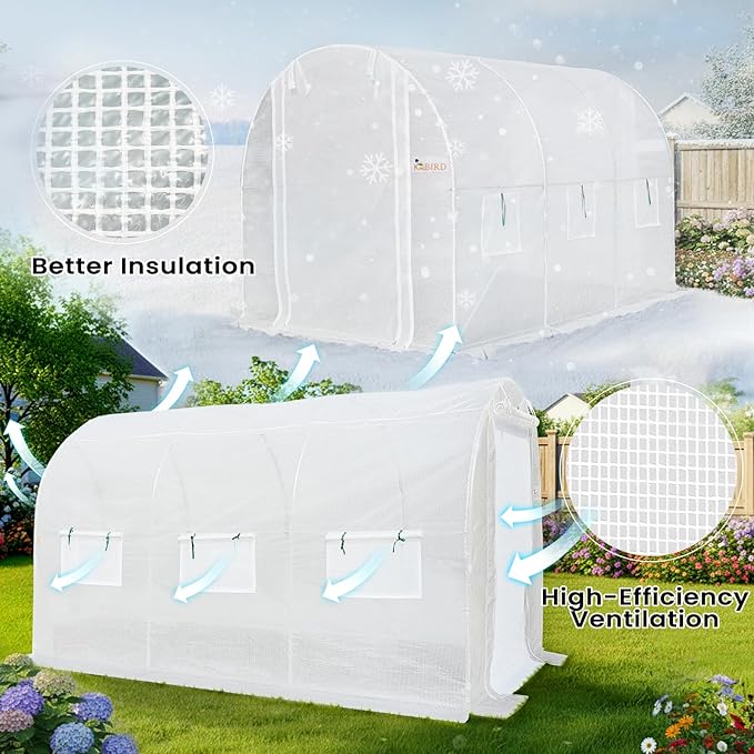 KING BIRD Premium 10x6.6x6.6FT Greenhouse for Outdoors, Large Walk-in Heavy Duty Galvanized Steel Frame, Mesh Door Screen Window Upgraded Zipper Tunnel Hoop for Garden Plant Winter, White