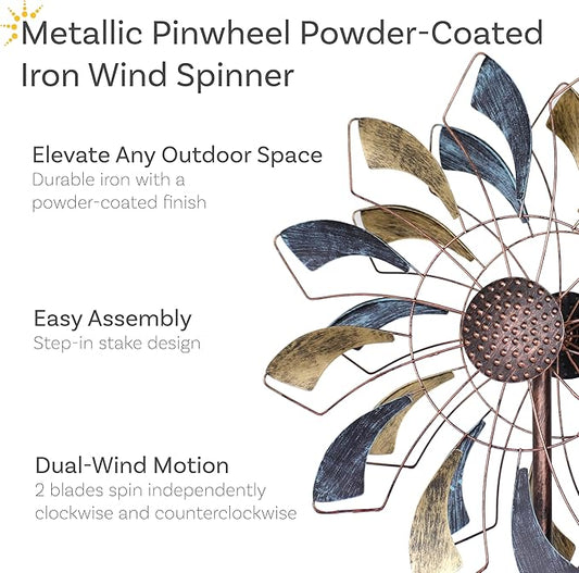 Sunnydaze Metallic Pinwheel Metal Garden Wind Spinner - Removable Pole Sections for Adjustable Height - Dual-Motion Blades - 84.5" H