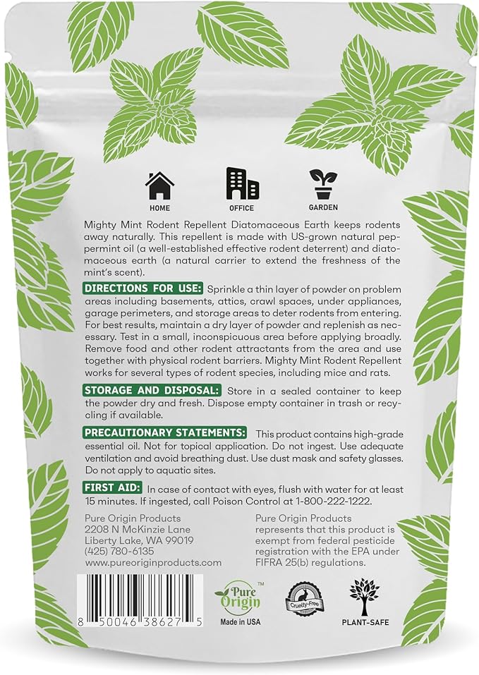 Mighty Mint Rodent Repellent Pest Control, Diatomaceous Earth Peppermint Pest Powder, 1 lb (Pack of 2)