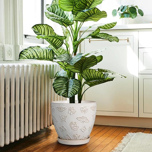 Ceramic Planter Pot 10 Inch- Large Plant Pot with Drainage Hole and Saucer Modern Round Flower Pot for Indoor Outdoor Plants White