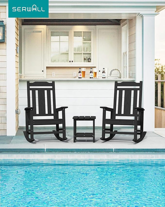 SERWALL Oversized Rocking Chair Set of 2 Outdoor, HDPE Outdoor Rocking Chair Set of 2, Black