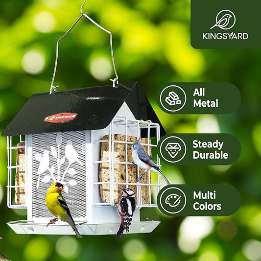 Kingsyard Metal Bird Feeder for Outdoor Hanging, Wild Bird Feeder with Double Suet Cage, Weatherproof Roof and 3 lbs Large Seed Capacity, White