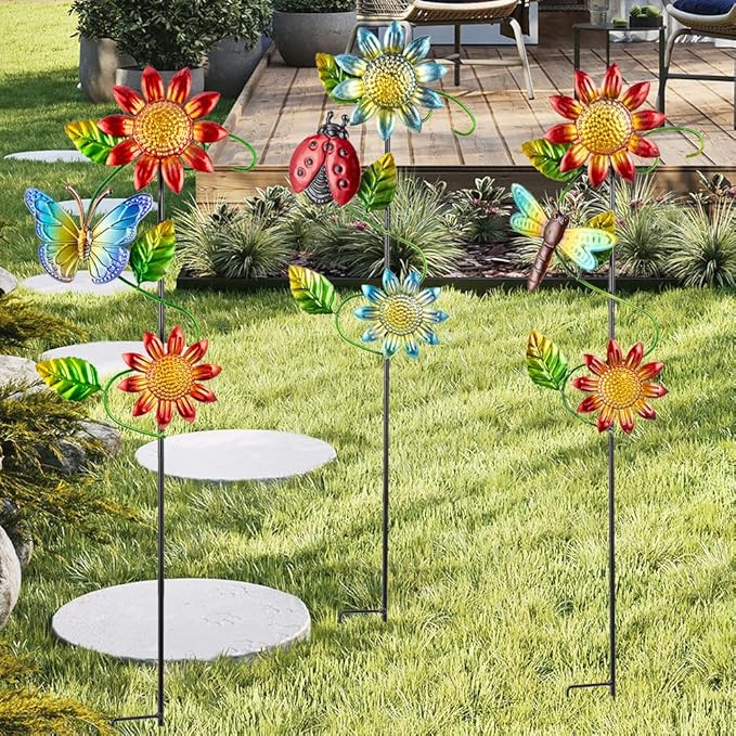 3 Pcs Sunflower Decorative Garden Stakes,23.5 inches Metal Sunflower Outdoor Fall Decor,Yard Art for Outside Decor for Mom,Women,Grandma