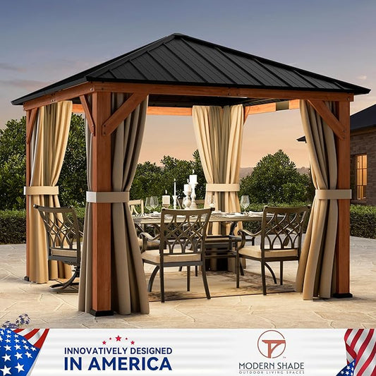 Modern Shade Tranquil Grove Wood Gazebo 10' x 10', Grill Gazebo with Galvanized Steel Roof, Mosquito Netting and Curtains, Permanent Hardtop Pavilion with Sturdy Hooks for Garden, Backyard