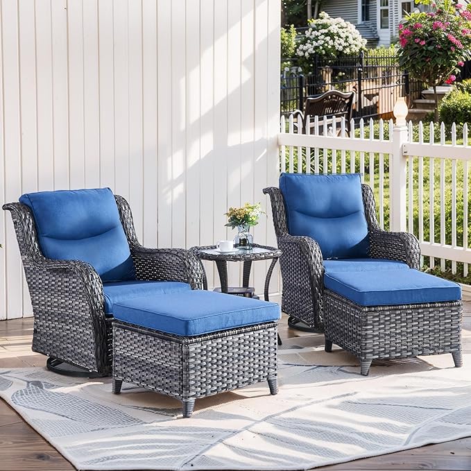 Patio Swivel Chairs with Smile-Shaped Cushions, 3 Piece High Back Patio Swivel Glider Chairs with Side Table 3PCS PE Rattan Luxury Swivel Patio Chair Set | Grey Wicker - Blue Cushions